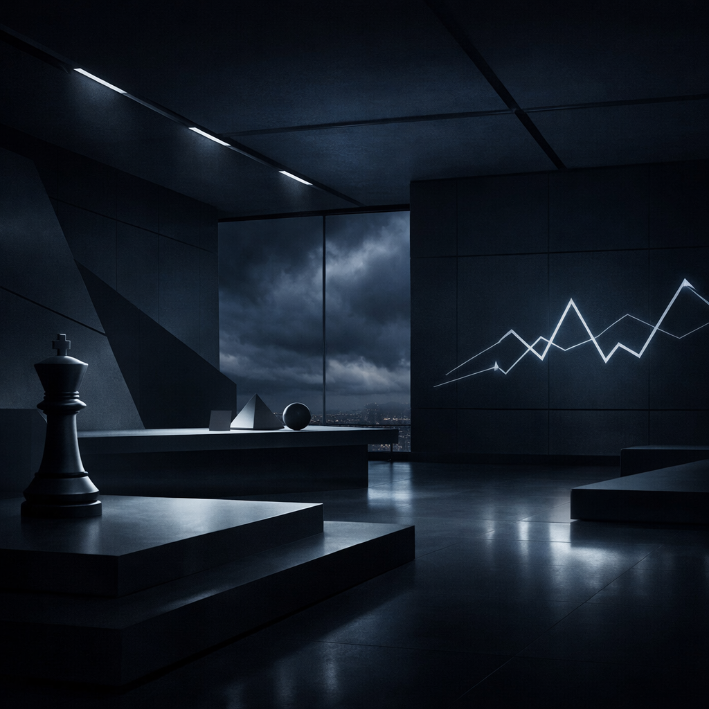 Dark minimalist corporate hero image conveying control and calm during a crisisAbstract environment no people no text no logosSubtle architectural or-1